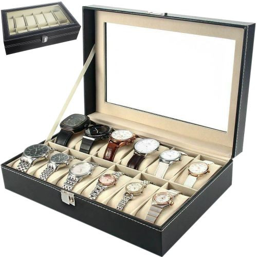 Cutie ceas estetica, din piele ecologica, cu 12 compartimente, neagra