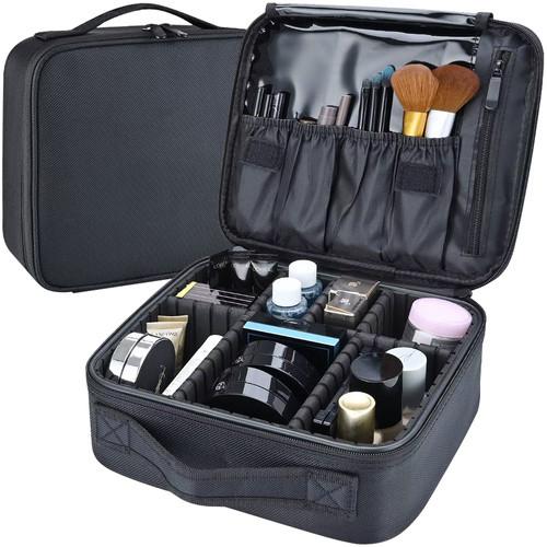 Geanta cosmetica profesionale cu perete lateral ranforsat, fermoar si manere, neagra