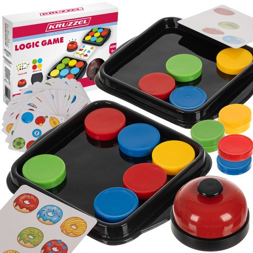 Joc logic puzzle pentru copii, cu 40 de cărți, 16 discuri și un clopoțel